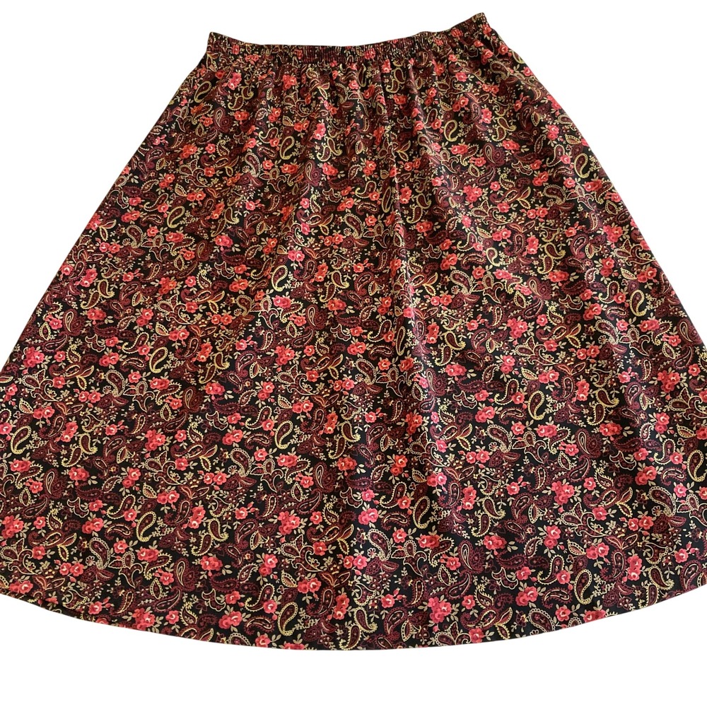 Blair Boutique Paisley Floral Midi Skirt Large Black Red Elastic Waist A-Line